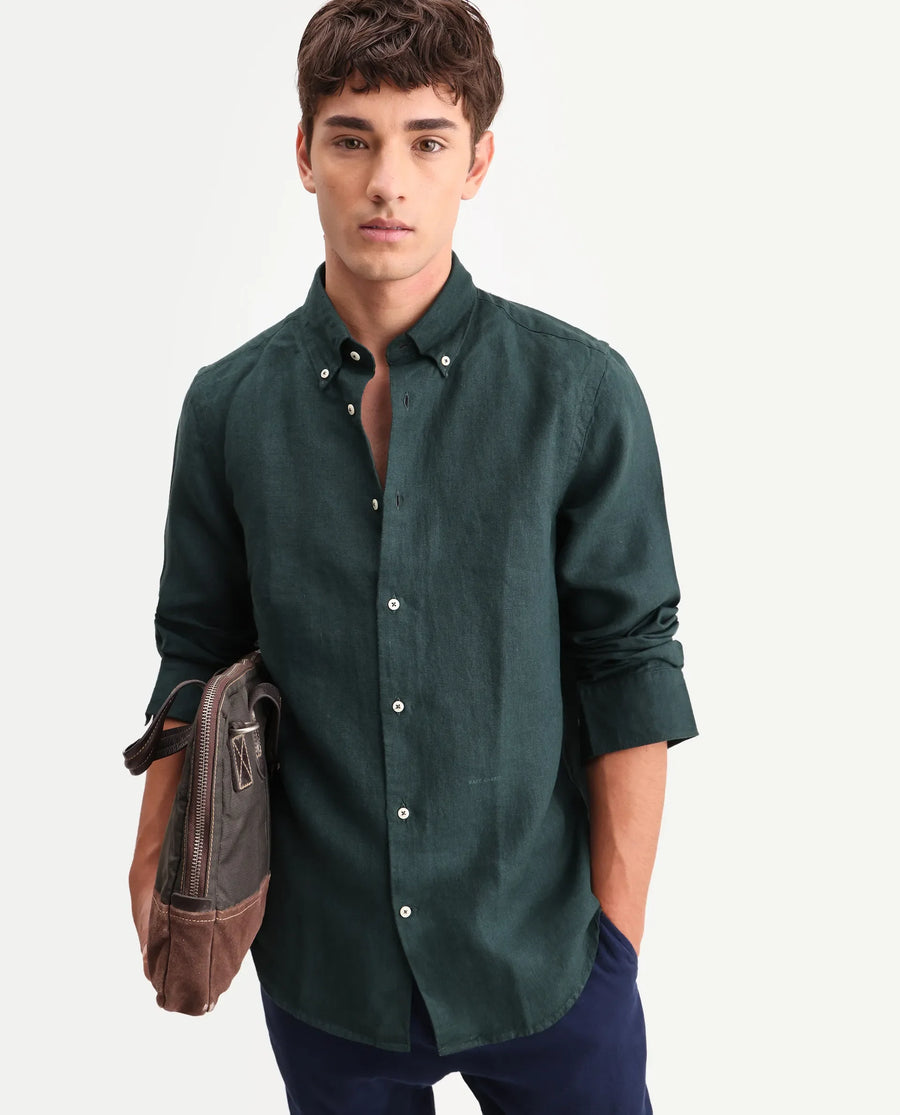 Rare Rabbit Men's Lucis Dark Green 100% Linen Plain Regular Fit Full Sleeve Collared Shirt