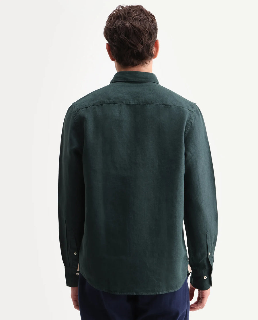 Rare Rabbit Men's Lucis Dark Green 100% Linen Plain Regular Fit Full Sleeve Collared Shirt