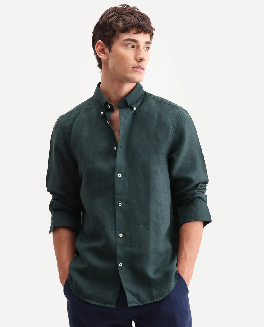 Rare Rabbit Men's Lucis Dark Green 100% Linen Plain Regular Fit Full Sleeve Collared Shirt
