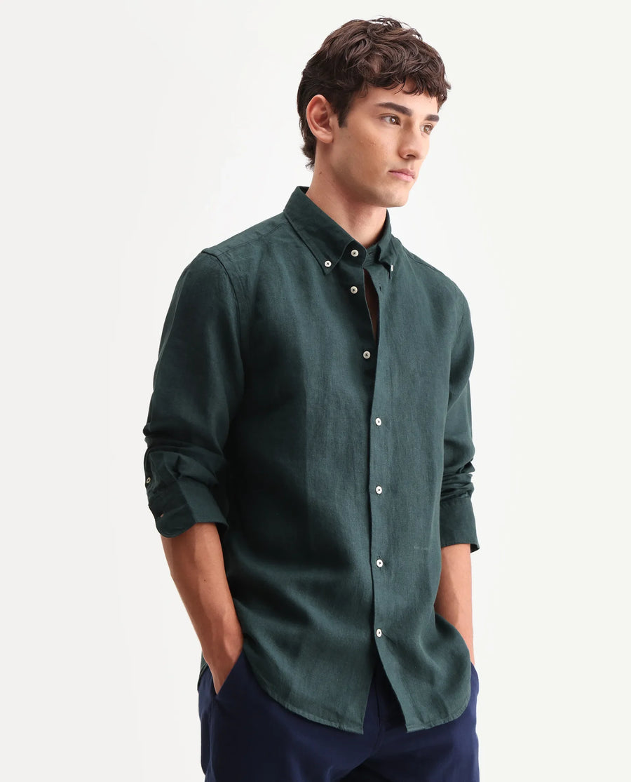 Rare Rabbit Men's Lucis Dark Green 100% Linen Plain Regular Fit Full Sleeve Collared Shirt