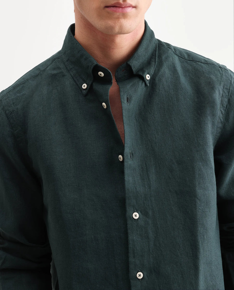 Rare Rabbit Men's Lucis Dark Green 100% Linen Plain Regular Fit Full Sleeve Collared Shirt