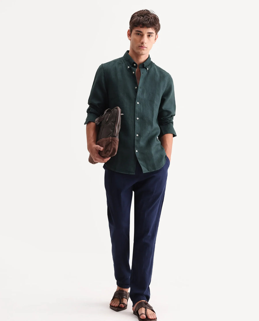 Rare Rabbit Men's Lucis Dark Green 100% Linen Plain Regular Fit Full Sleeve Collared Shirt
