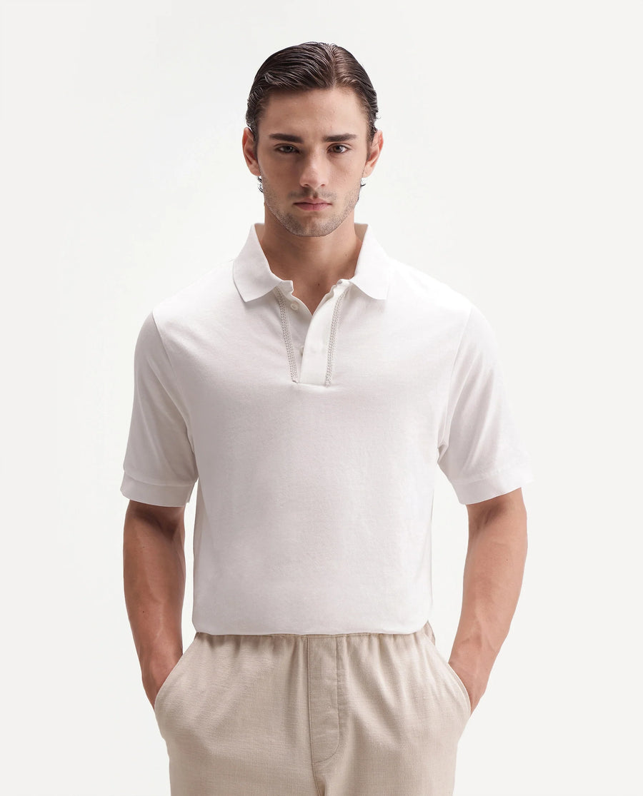 Rare Rabbit Men's Drid Off White Cotton Fabric Half Sleeve Spread Collar Plain Polo