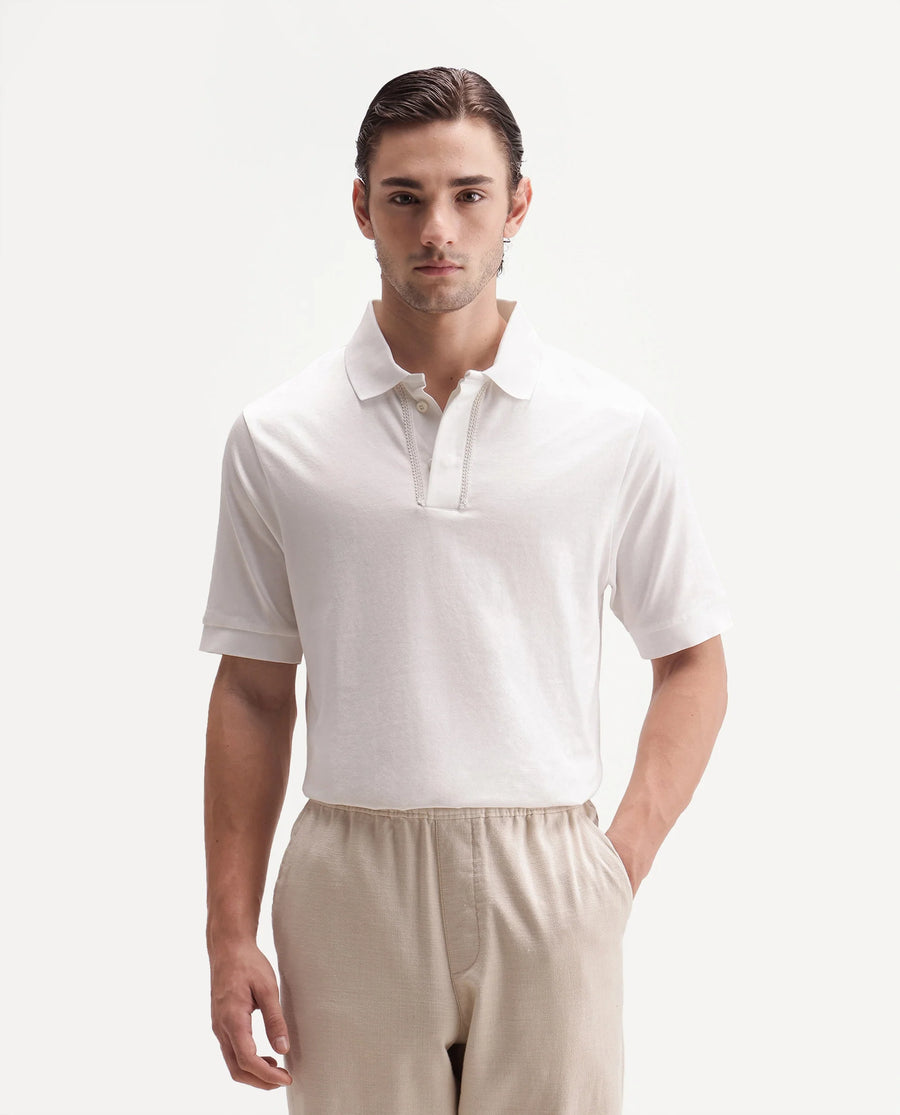 Rare Rabbit Men's Drid Off White Cotton Fabric Half Sleeve Spread Collar Plain Polo