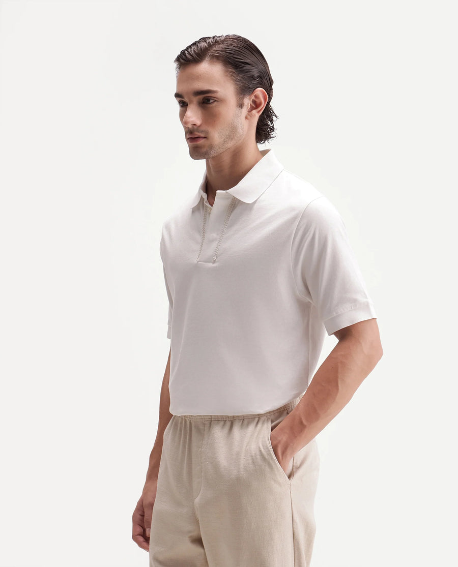 Rare Rabbit Men's Drid Off White Cotton Fabric Half Sleeve Spread Collar Plain Polo