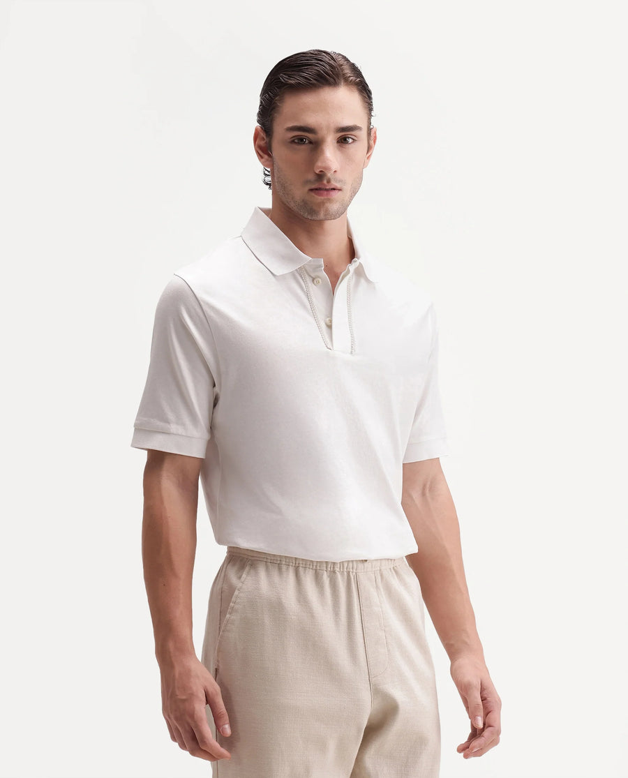 Rare Rabbit Men's Drid Off White Cotton Fabric Half Sleeve Spread Collar Plain Polo