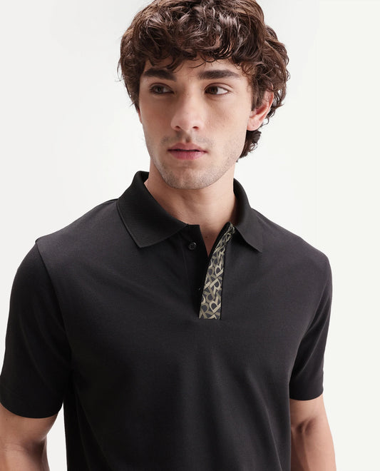 Rare Rabbit Men's Hin Black Cotton Blend Fabric Half Sleeve Spread Collar Plain Polo