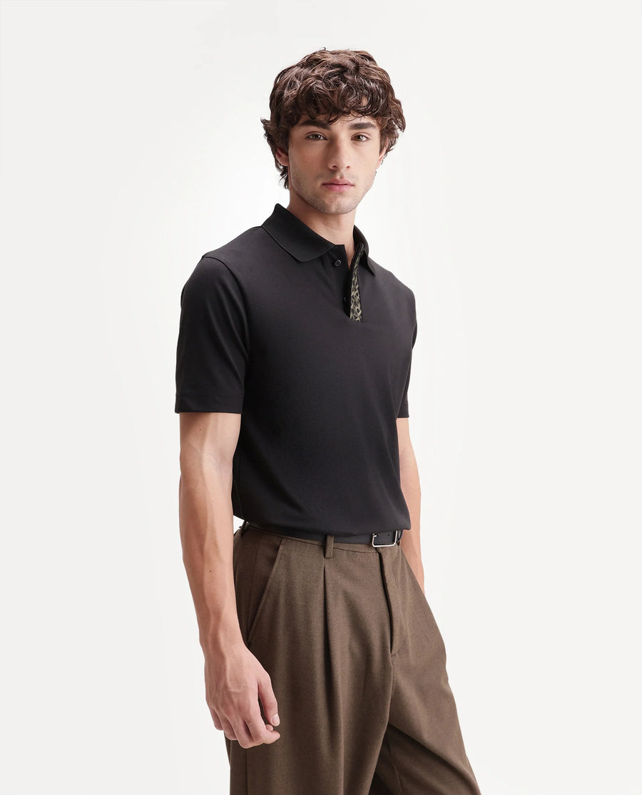 Rare Rabbit Men's Hin Black Cotton Blend Fabric Half Sleeve Spread Collar Plain Polo