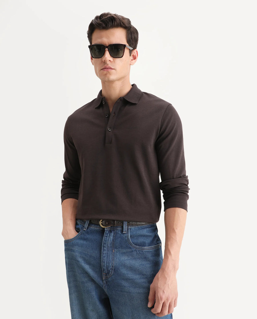 Rare Rabbit Men's Prut Dark Brown Cotton Blend Fabric Full Sleeve Spread Collar Plain Polo