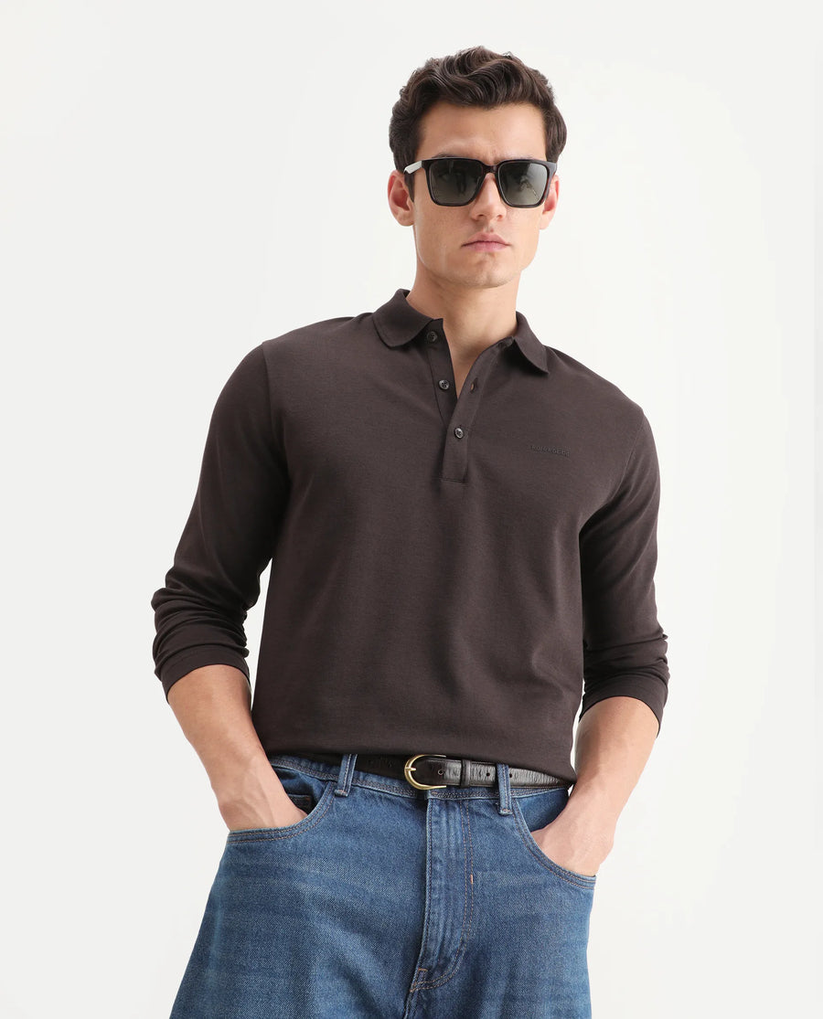 Rare Rabbit Men's Prut Dark Brown Cotton Blend Fabric Full Sleeve Spread Collar Plain Polo