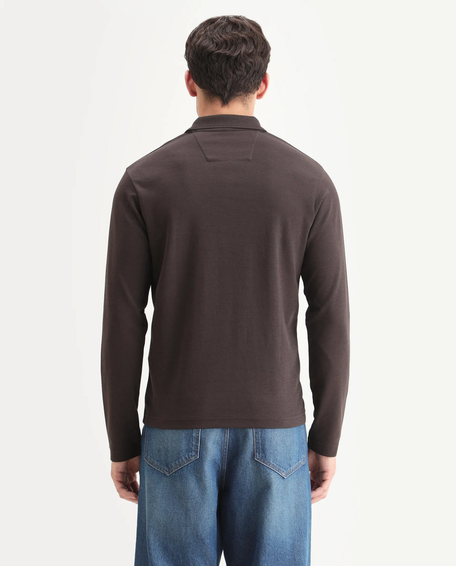 Rare Rabbit Men's Prut Dark Brown Cotton Blend Fabric Full Sleeve Spread Collar Plain Polo
