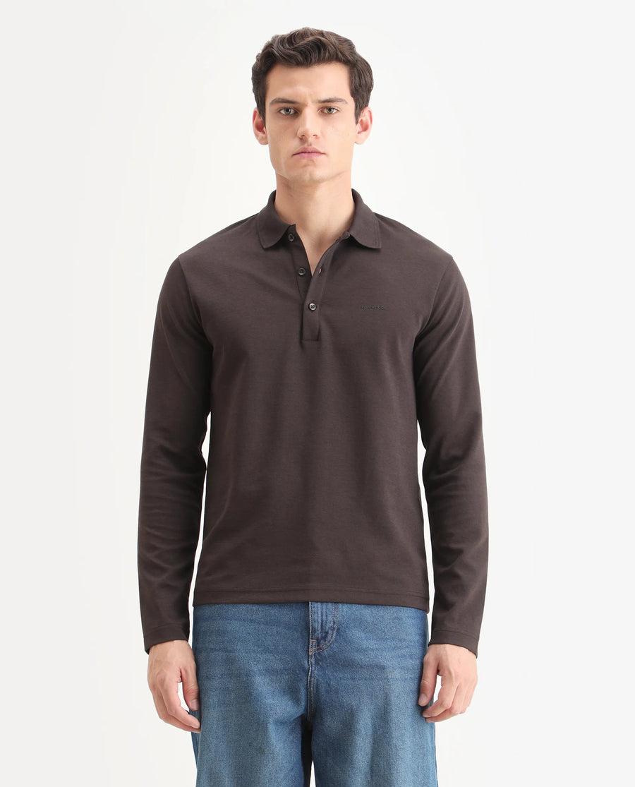 Rare Rabbit Men's Prut Dark Brown Cotton Blend Fabric Full Sleeve Spread Collar Plain Polo