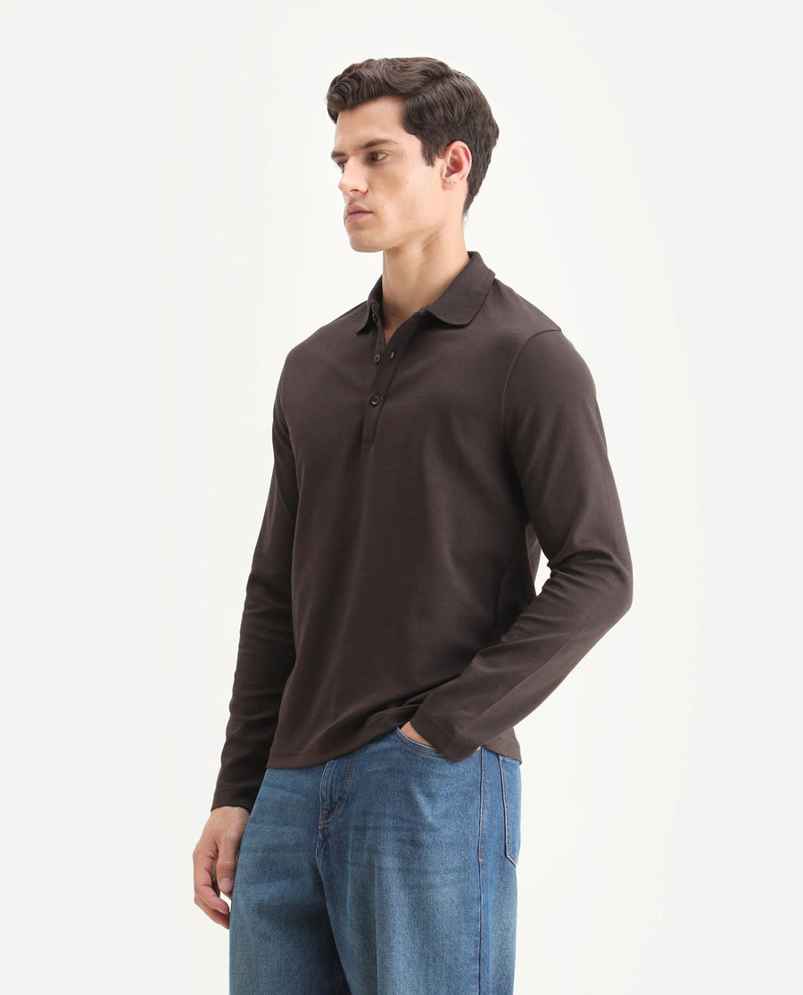 Rare Rabbit Men's Prut Dark Brown Cotton Blend Fabric Full Sleeve Spread Collar Plain Polo