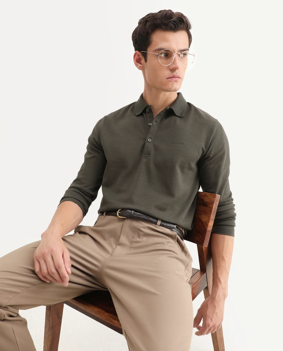 Rare Rabbit Men's Prut Dusky Olive Cotton Blend Fabric Full Sleeve Spread Collar Plain Polo