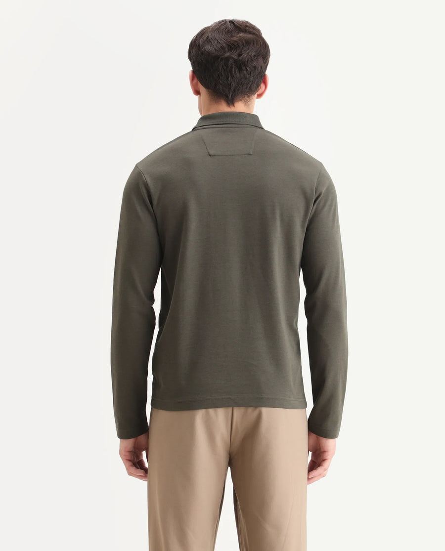 Rare Rabbit Men's Prut Dusky Olive Cotton Blend Fabric Full Sleeve Spread Collar Plain Polo