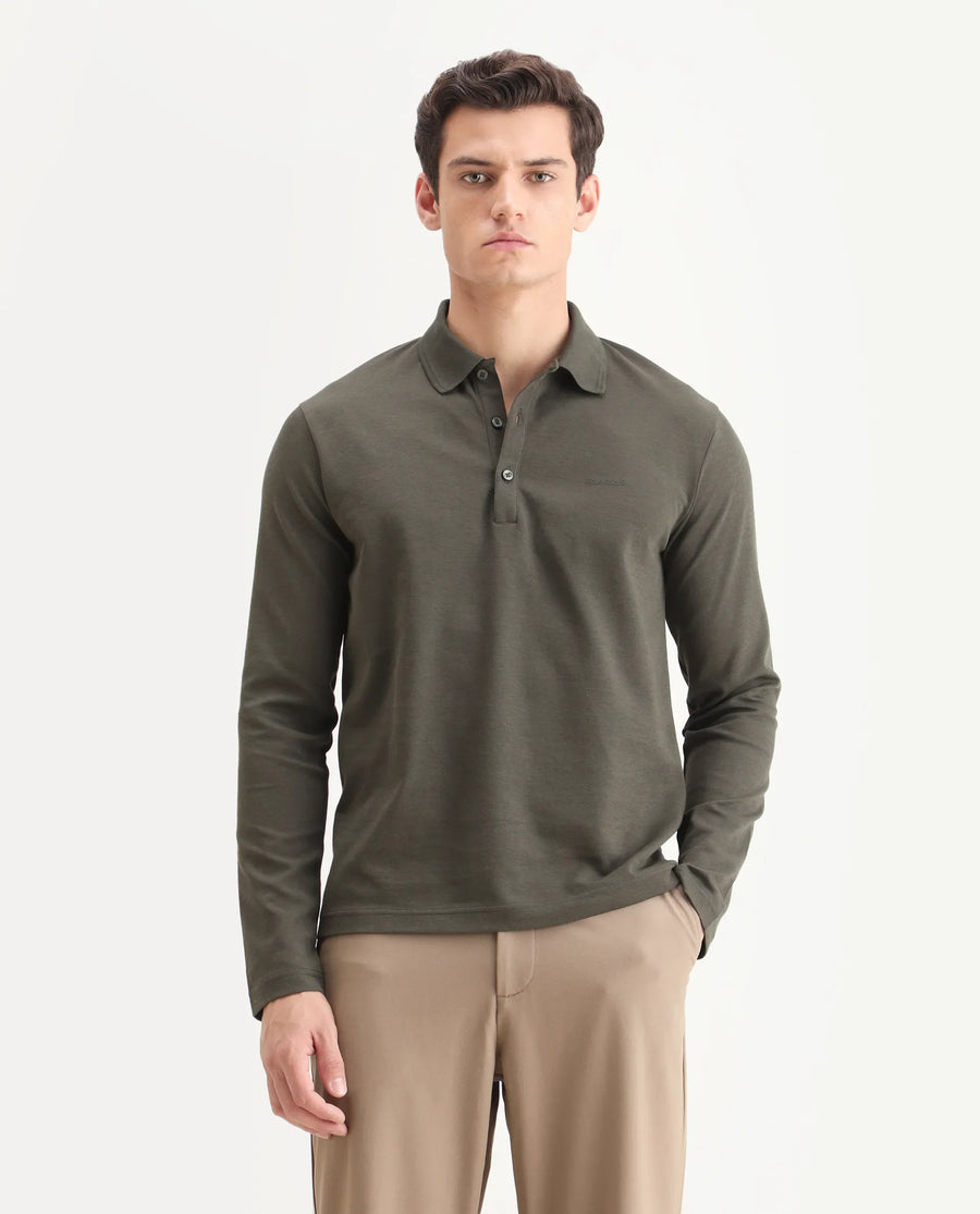 Rare Rabbit Men's Prut Dusky Olive Cotton Blend Fabric Full Sleeve Spread Collar Plain Polo