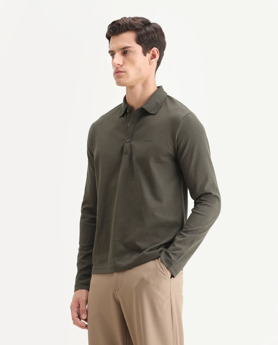 Rare Rabbit Men's Prut Dusky Olive Cotton Blend Fabric Full Sleeve Spread Collar Plain Polo