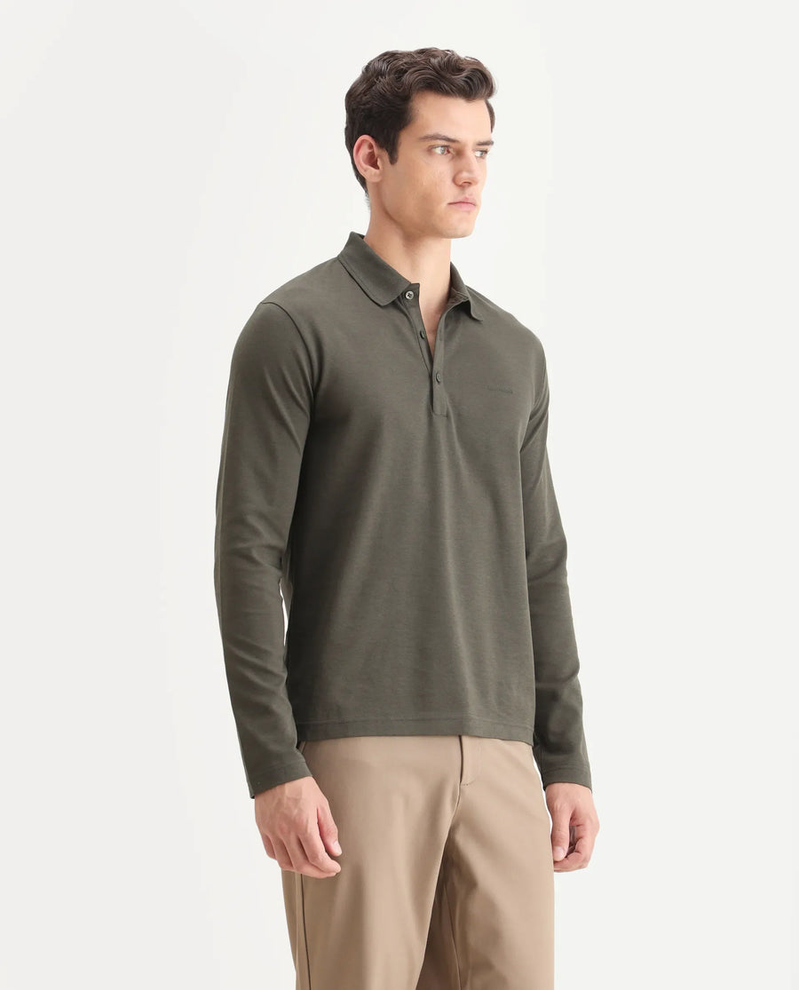 Rare Rabbit Men's Prut Dusky Olive Cotton Blend Fabric Full Sleeve Spread Collar Plain Polo