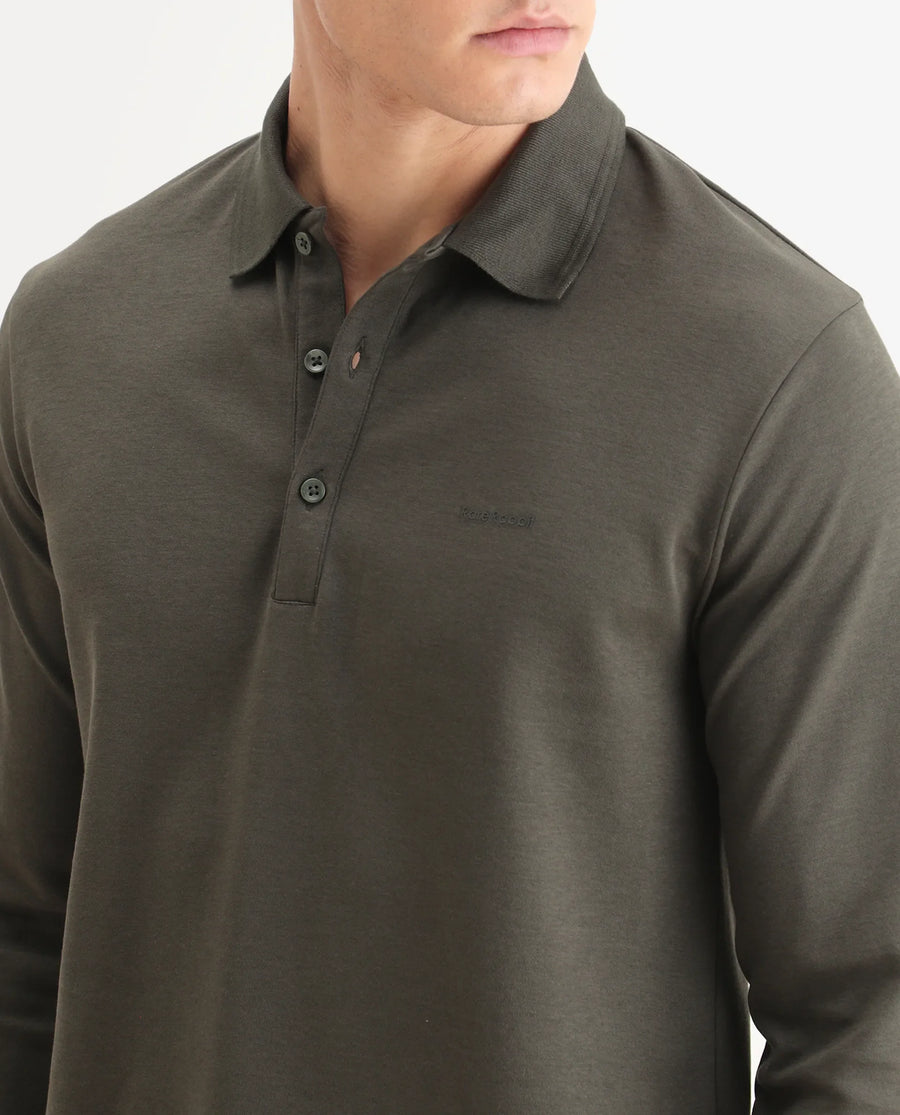 Rare Rabbit Men's Prut Dusky Olive Cotton Blend Fabric Full Sleeve Spread Collar Plain Polo