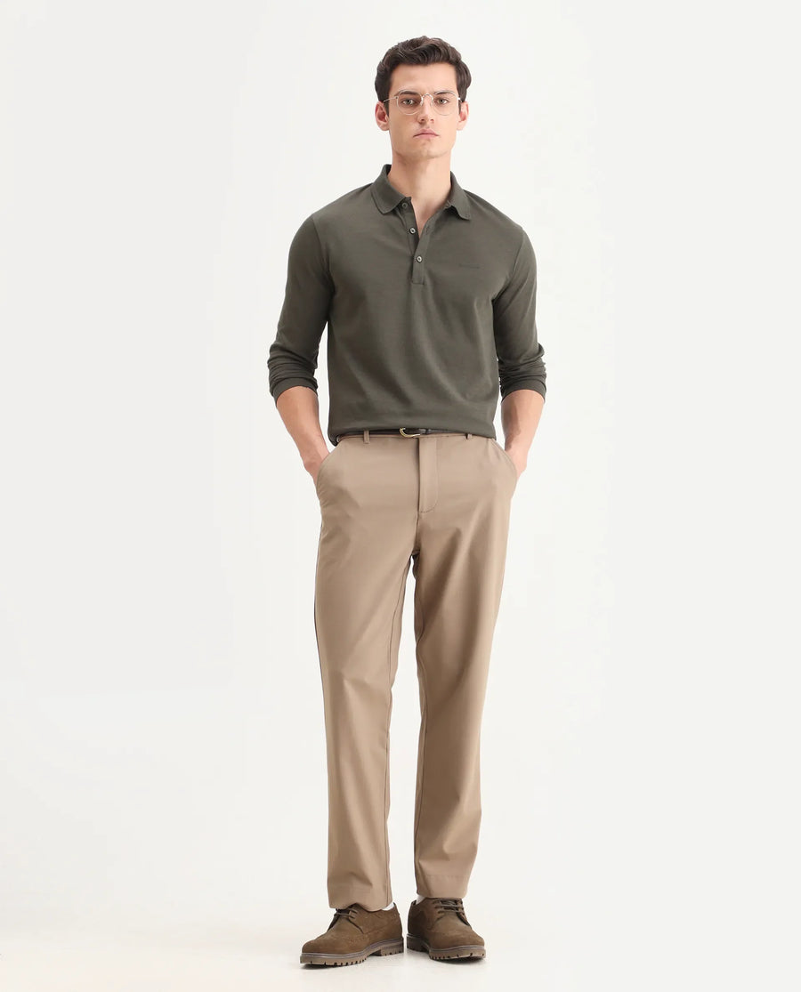 Rare Rabbit Men's Prut Dusky Olive Cotton Blend Fabric Full Sleeve Spread Collar Plain Polo