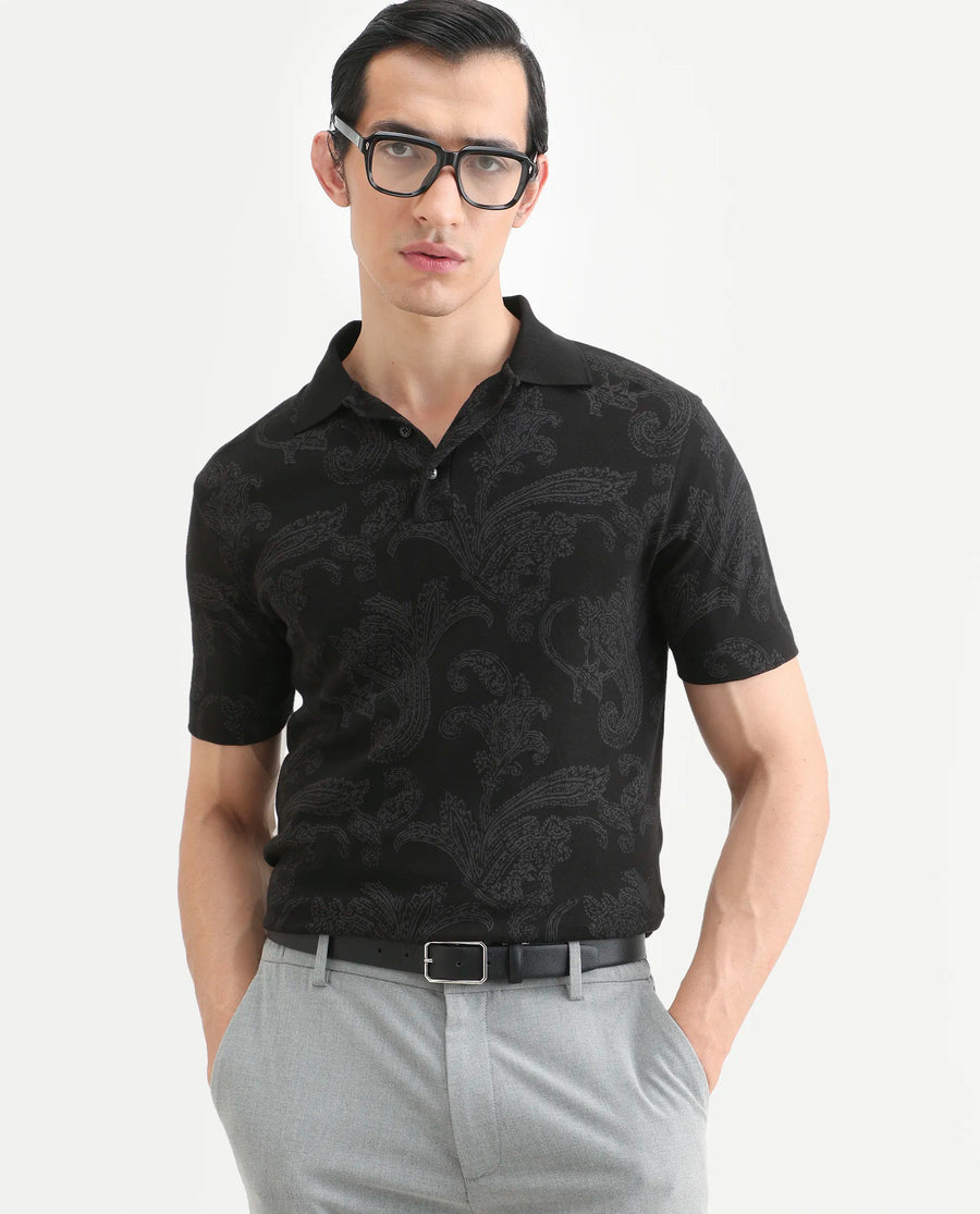Rare Rabbit Men's Tred Black Cotton Fabric Half Sleeve Spread Collar Paisley Polo