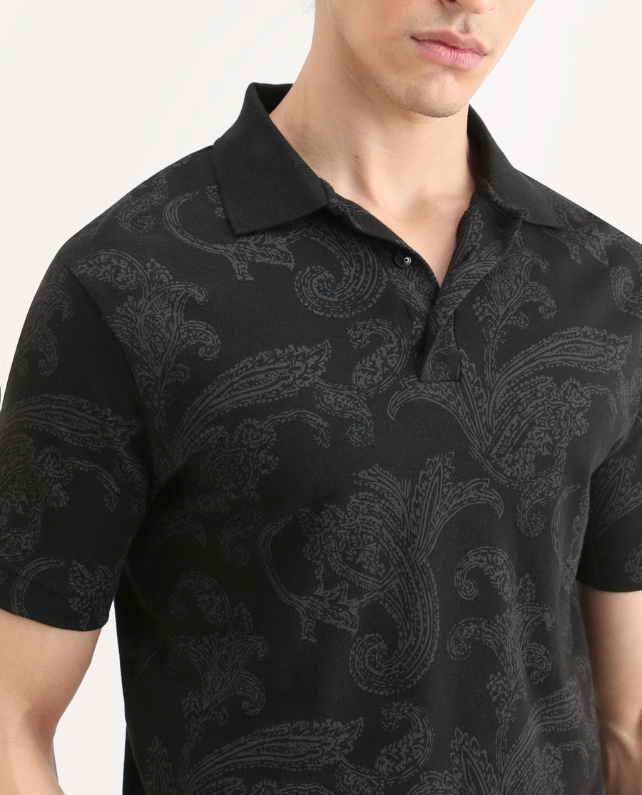 Rare Rabbit Men's Tred Black Cotton Fabric Half Sleeve Spread Collar Paisley Polo