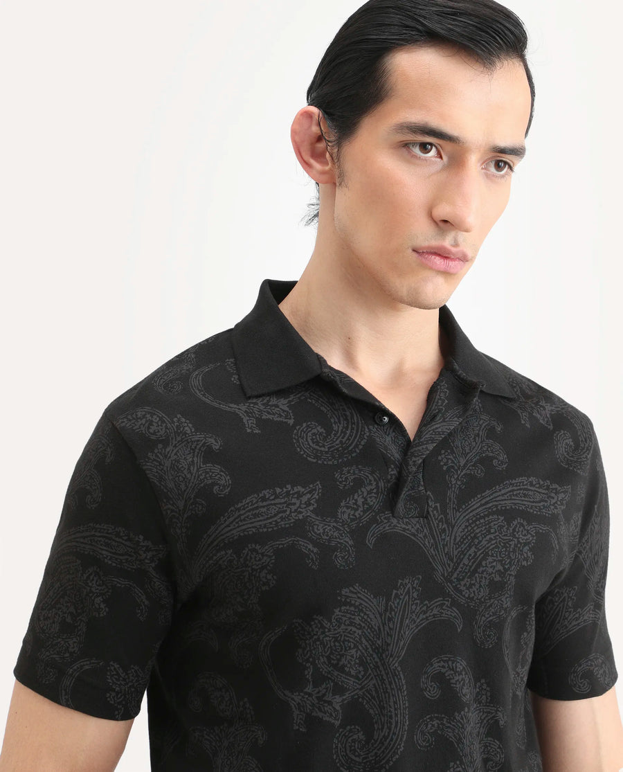 Rare Rabbit Men's Tred Black Cotton Fabric Half Sleeve Spread Collar Paisley Polo
