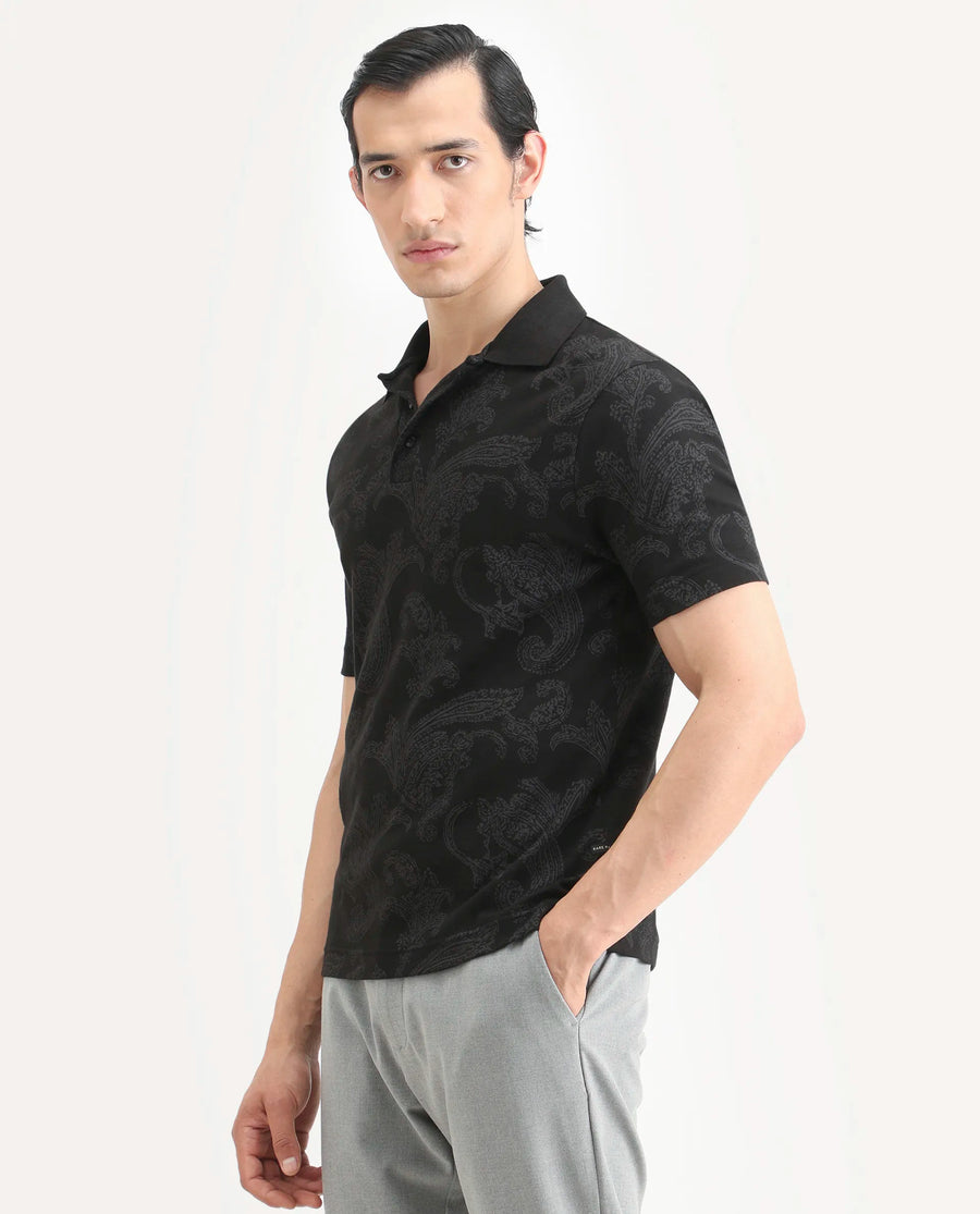 Rare Rabbit Men's Tred Black Cotton Fabric Half Sleeve Spread Collar Paisley Polo