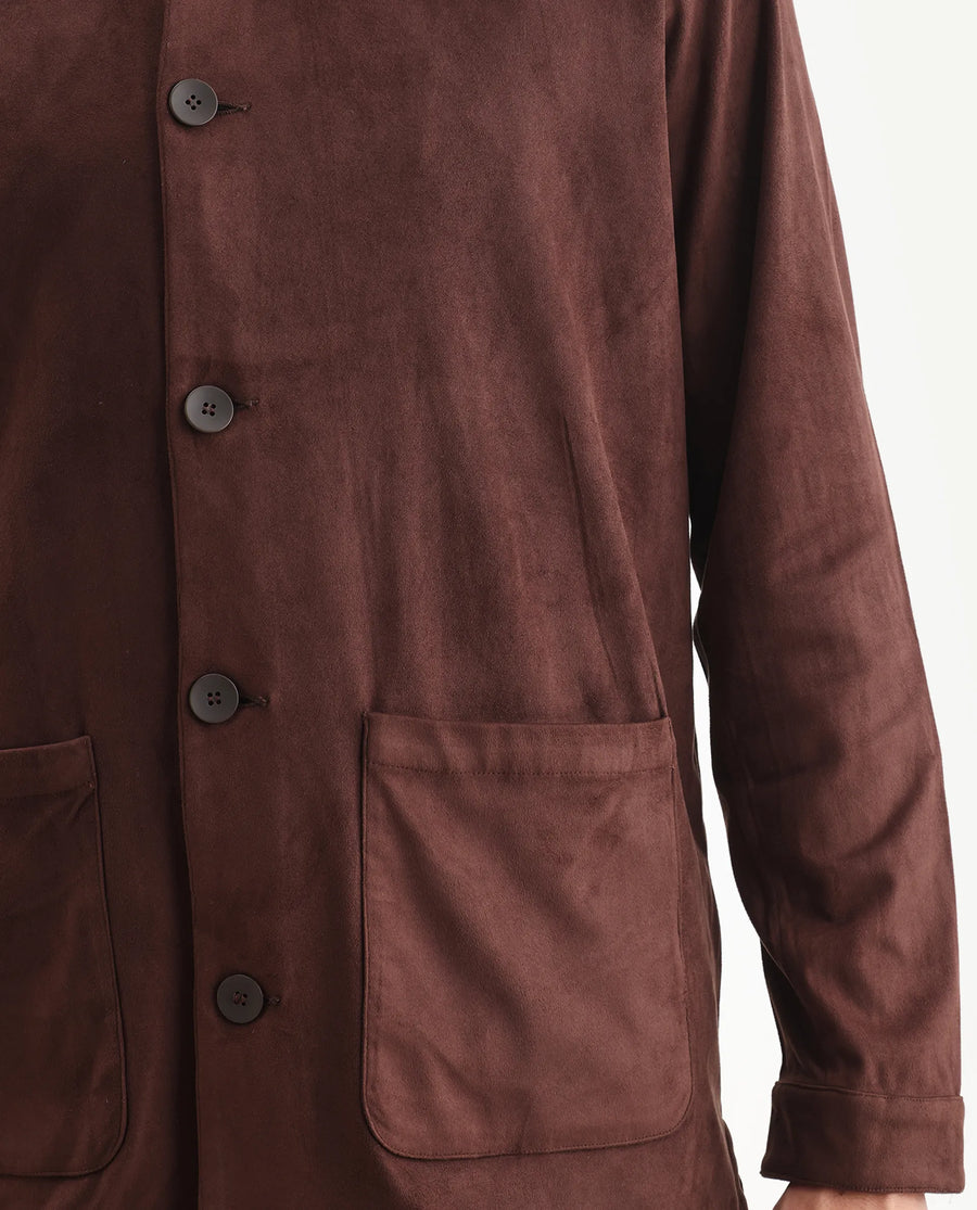 Rare Rabbit Men's Bran Brown Suede Blend Fabric Collared Neck Regular Fit Plain Jacket