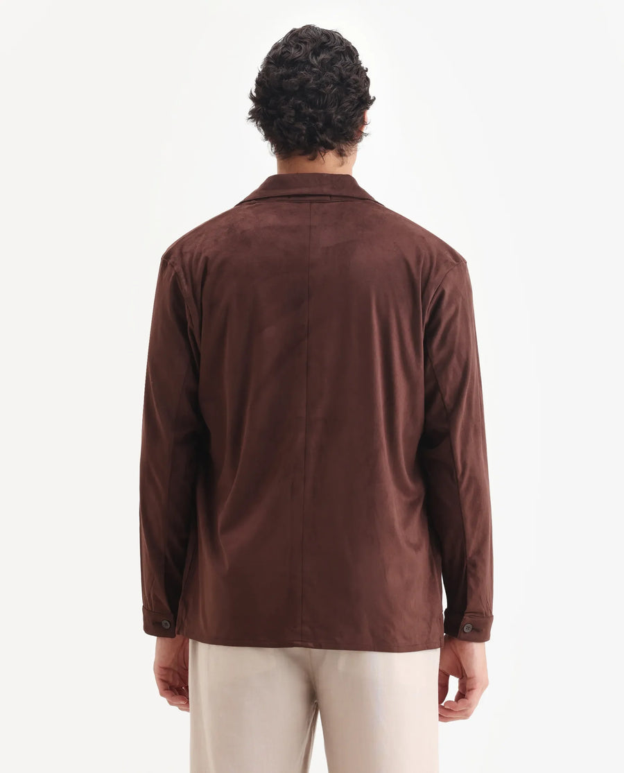 Rare Rabbit Men's Bran Brown Suede Blend Fabric Collared Neck Regular Fit Plain Jacket