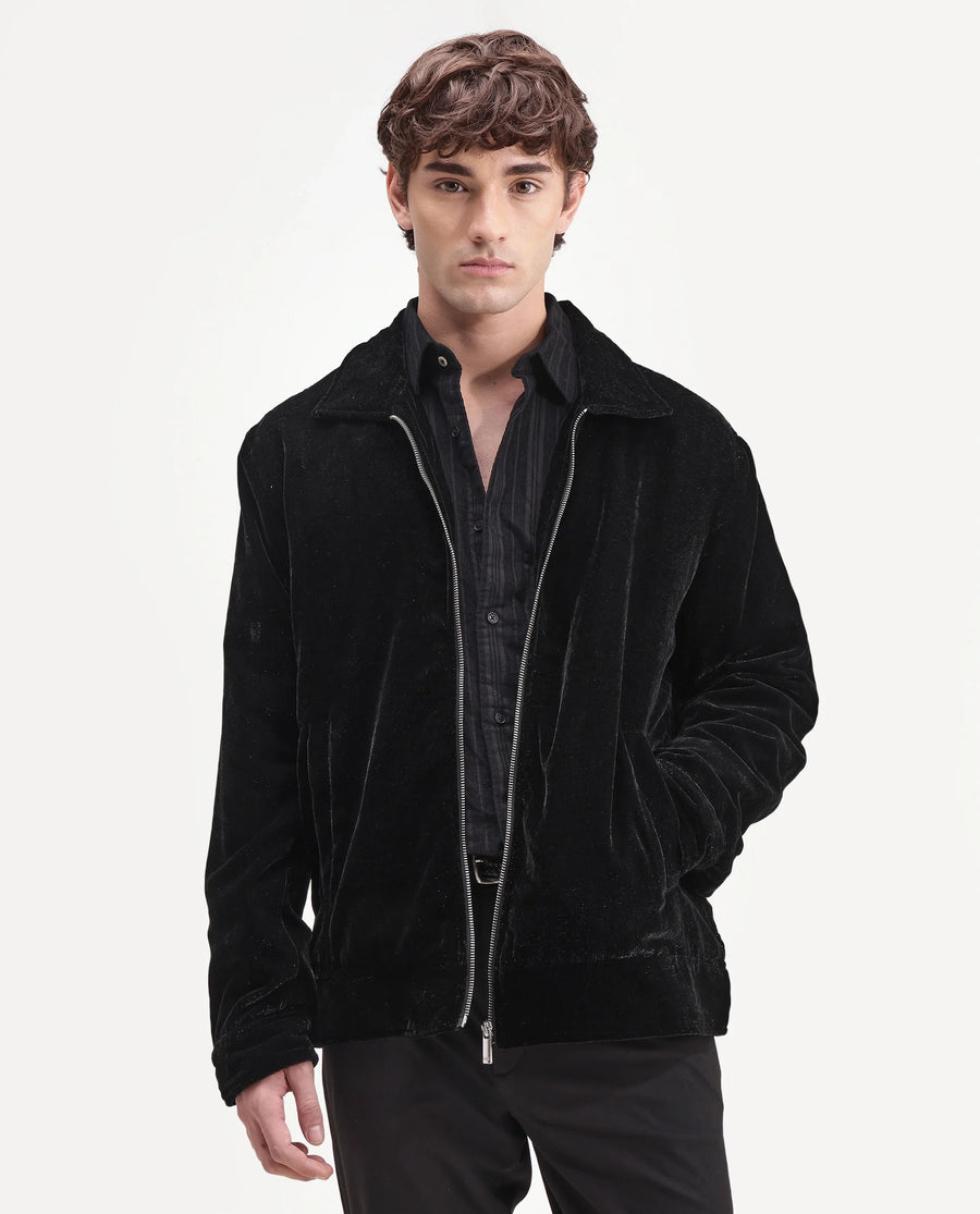 Rare Rabbit Men's Velto Black Polyester Fabric Collared Neck Regular Fit Plain Jacket