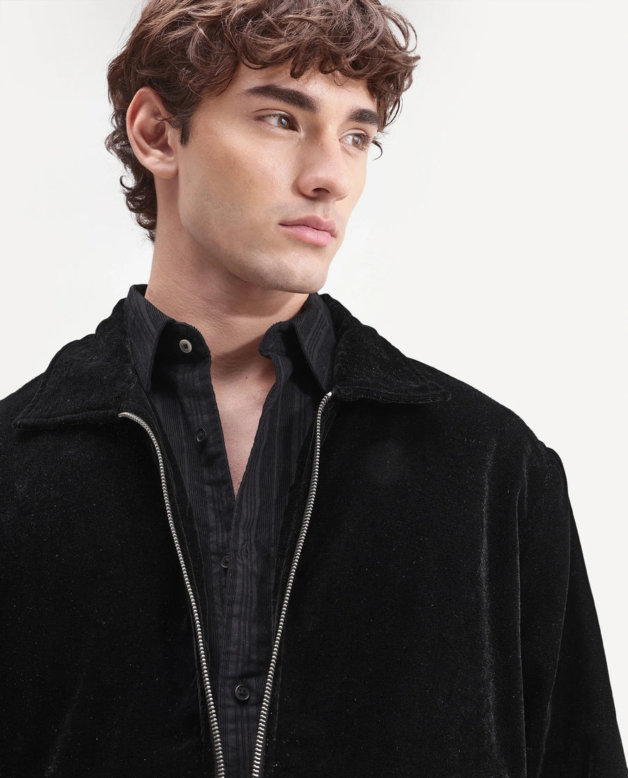 Rare Rabbit Men's Velto Black Polyester Fabric Collared Neck Regular Fit Plain Jacket