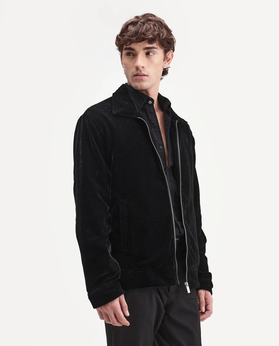 Rare Rabbit Men's Velto Black Polyester Fabric Collared Neck Regular Fit Plain Jacket