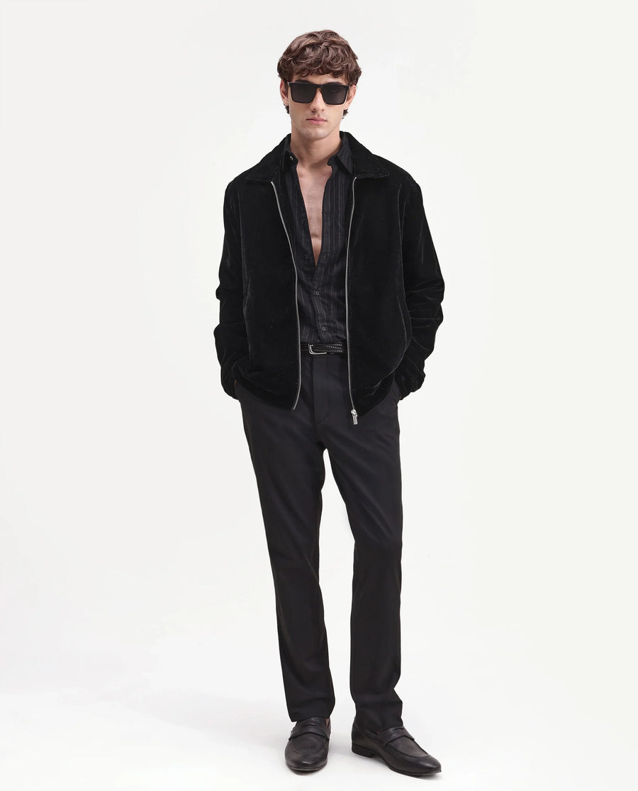 Rare Rabbit Men's Velto Black Polyester Fabric Collared Neck Regular Fit Plain Jacket