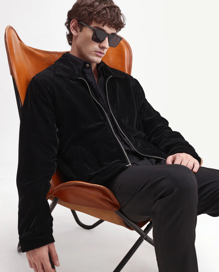 Rare Rabbit Men's Velto Black Polyester Fabric Collared Neck Regular Fit Plain Jacket
