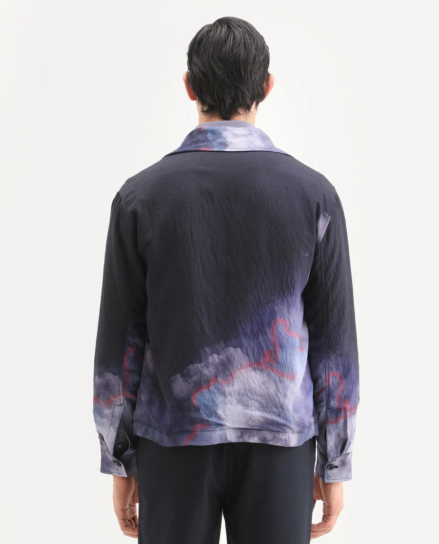 Rare Rabbit Men's Cloudy Navy Viscose Blend Fabric Spread Collar Regular Fit Ombre Print Jacket