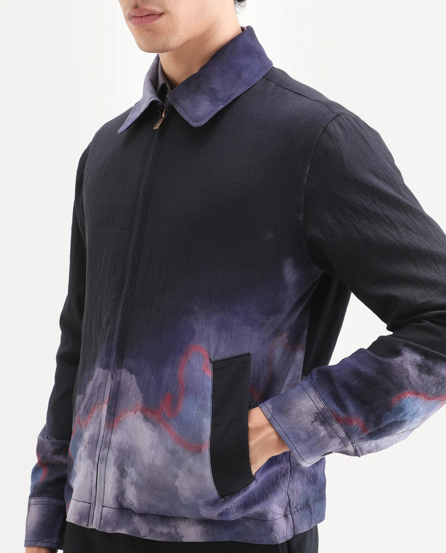 Rare Rabbit Men's Cloudy Navy Viscose Blend Fabric Spread Collar Regular Fit Ombre Print Jacket