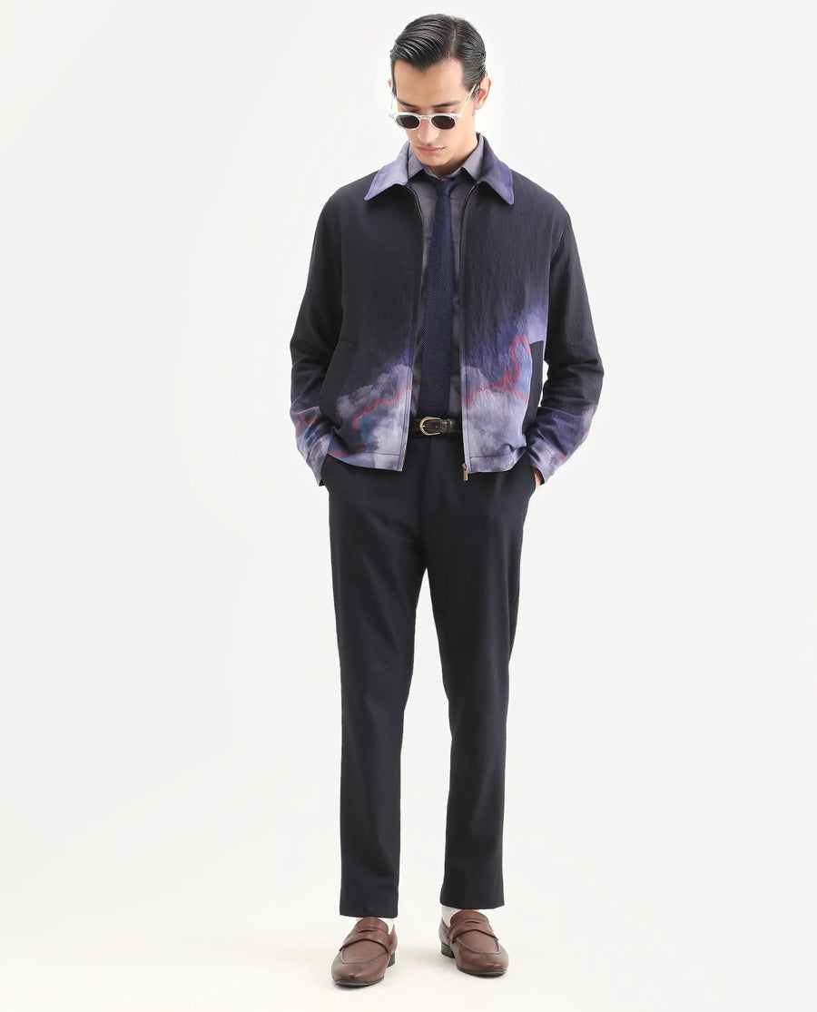 Rare Rabbit Men's Cloudy Navy Viscose Blend Fabric Spread Collar Regular Fit Ombre Print Jacket