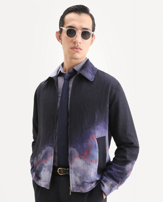 Rare Rabbit Men's Cloudy Navy Viscose Blend Fabric Spread Collar Regular Fit Ombre Print Jacket