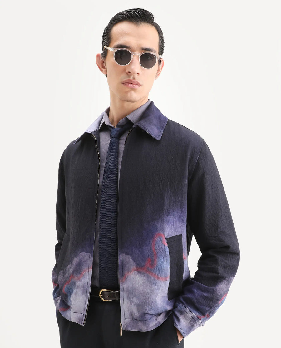 Rare Rabbit Men's Cloudy Navy Viscose Blend Fabric Spread Collar Regular Fit Ombre Print Jacket