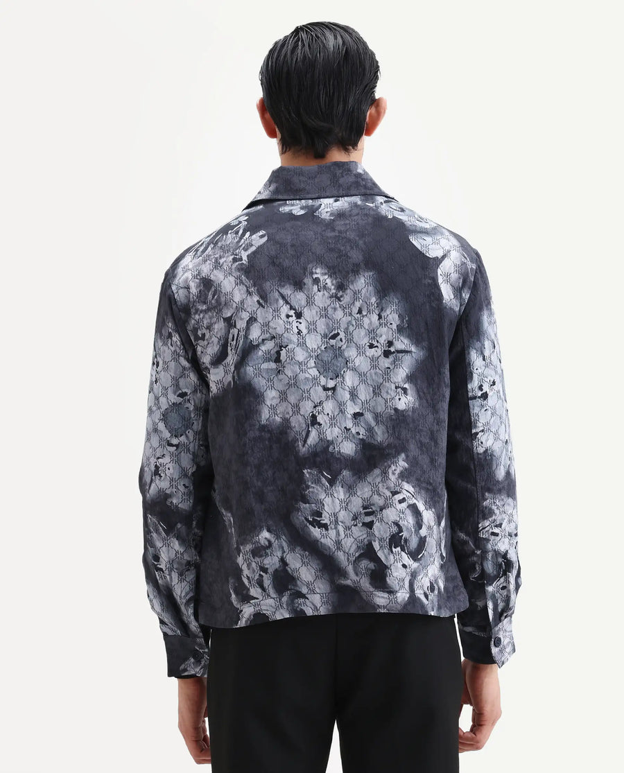 Rare Rabbit Men's Vorn Black Viscose Blend Fabric Spread Collar Regular Abstract Print Jacket