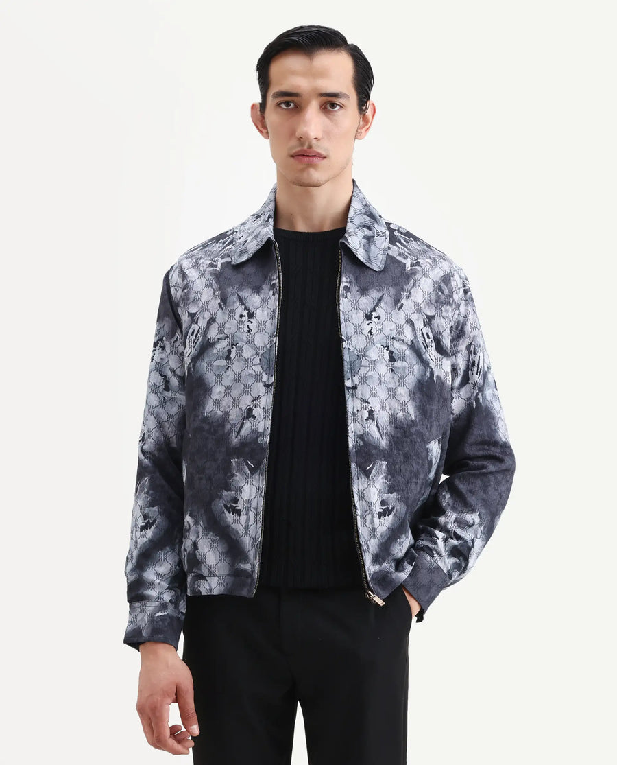 Rare Rabbit Men's Vorn Black Viscose Blend Fabric Spread Collar Regular Abstract Print Jacket