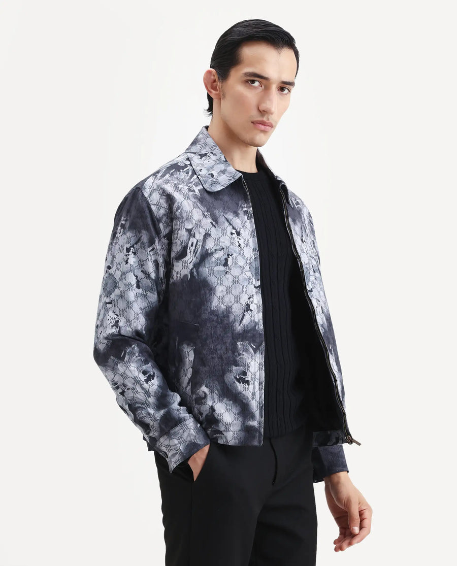 Rare Rabbit Men's Vorn Black Viscose Blend Fabric Spread Collar Regular Abstract Print Jacket