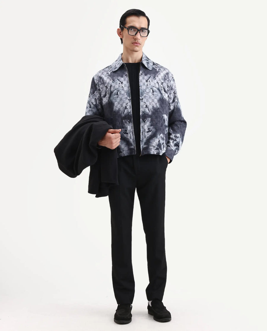 Rare Rabbit Men's Vorn Black Viscose Blend Fabric Spread Collar Regular Abstract Print Jacket