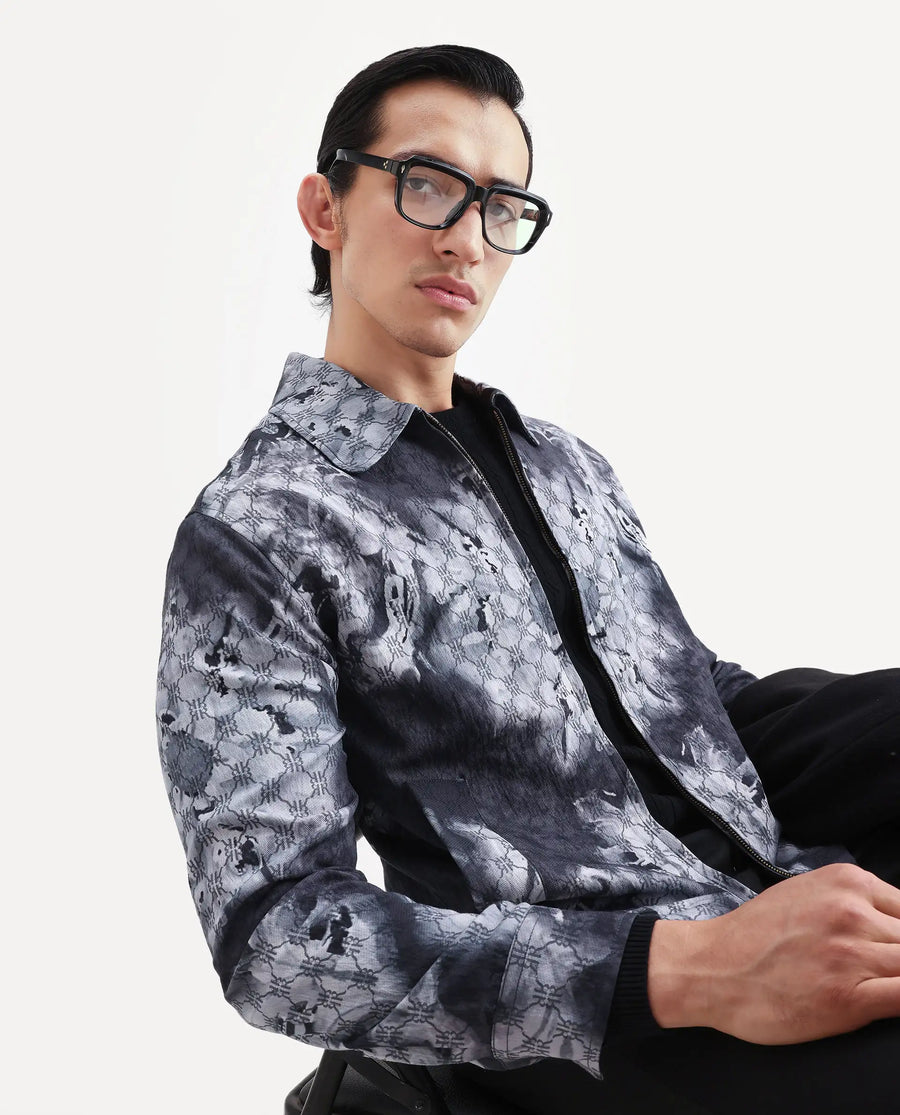 Rare Rabbit Men's Vorn Black Viscose Blend Fabric Spread Collar Regular Abstract Print Jacket