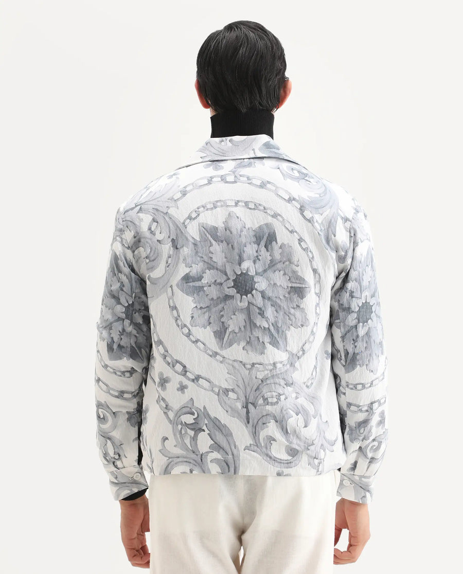 Rare Rabbit Men's Nulo Off White Viscose Blend Fabric Spread Collar Regular Fit Abstract Print Jacket