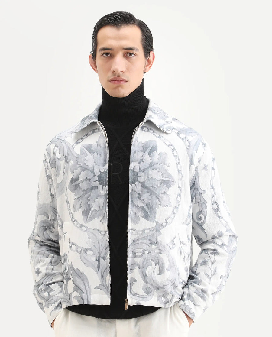 Rare Rabbit Men's Nulo Off White Viscose Blend Fabric Spread Collar Regular Fit Abstract Print Jacket