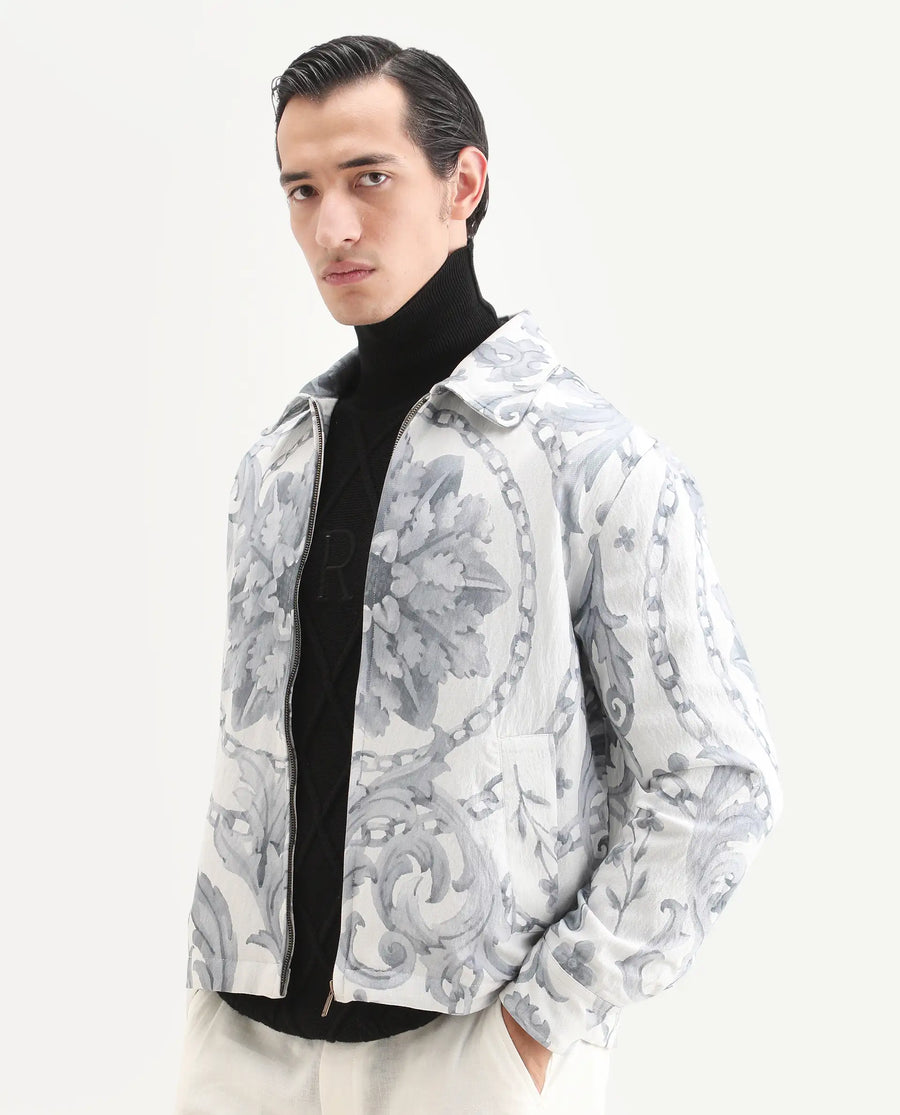 Rare Rabbit Men's Nulo Off White Viscose Blend Fabric Spread Collar Regular Fit Abstract Print Jacket