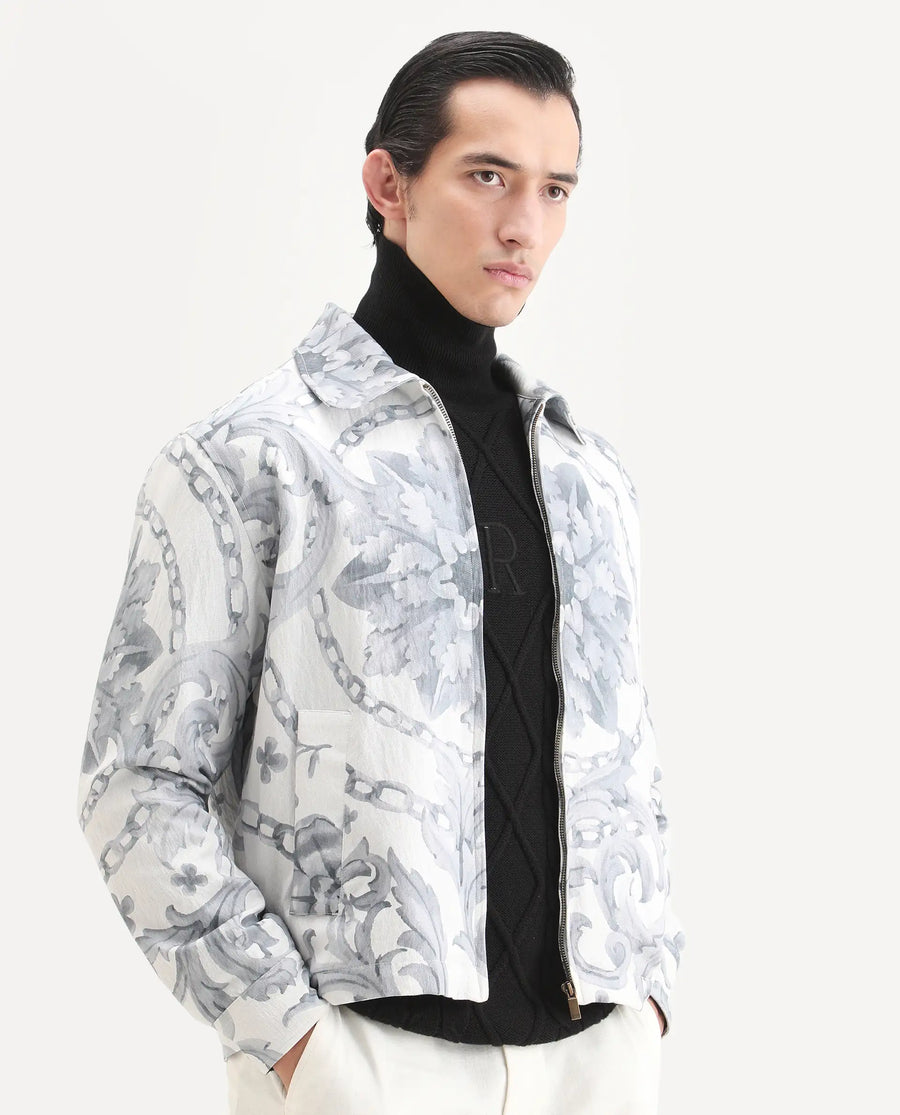 Rare Rabbit Men's Nulo Off White Viscose Blend Fabric Spread Collar Regular Fit Abstract Print Jacket