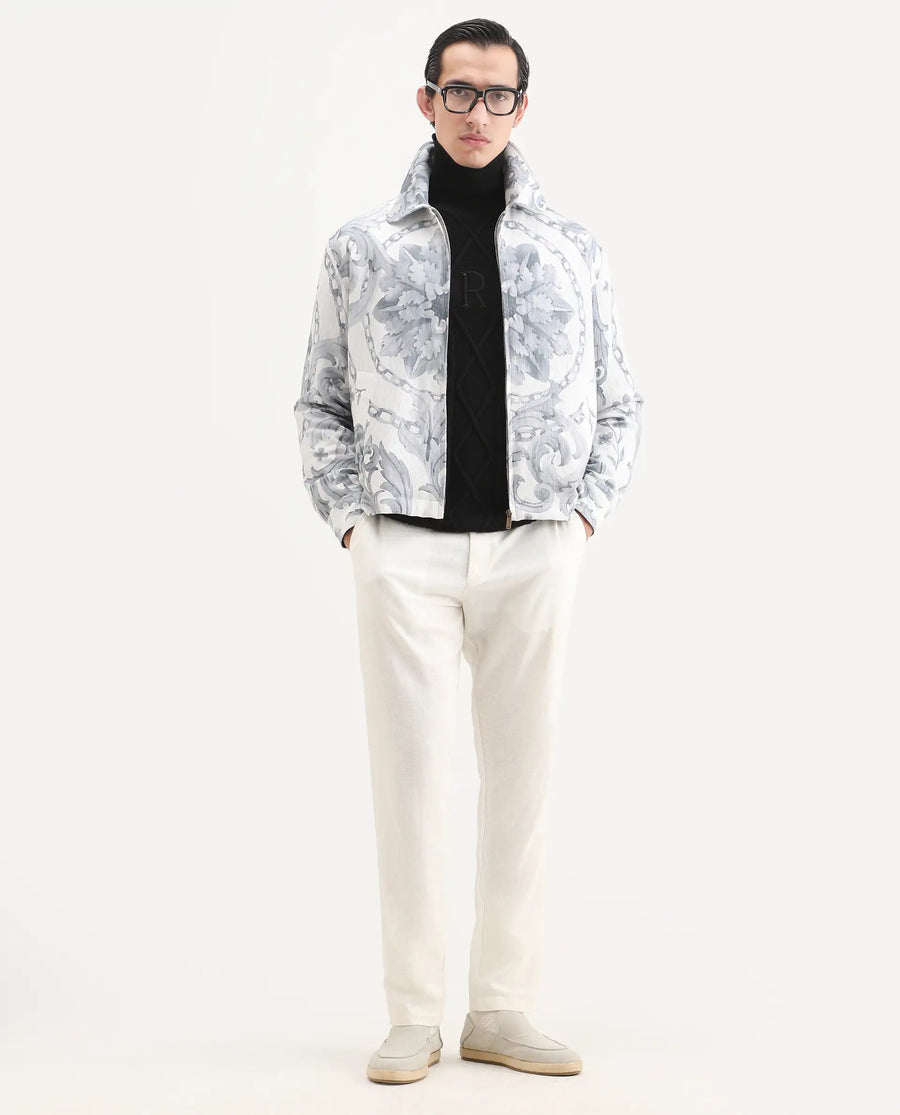 Rare Rabbit Men's Nulo Off White Viscose Blend Fabric Spread Collar Regular Fit Abstract Print Jacket